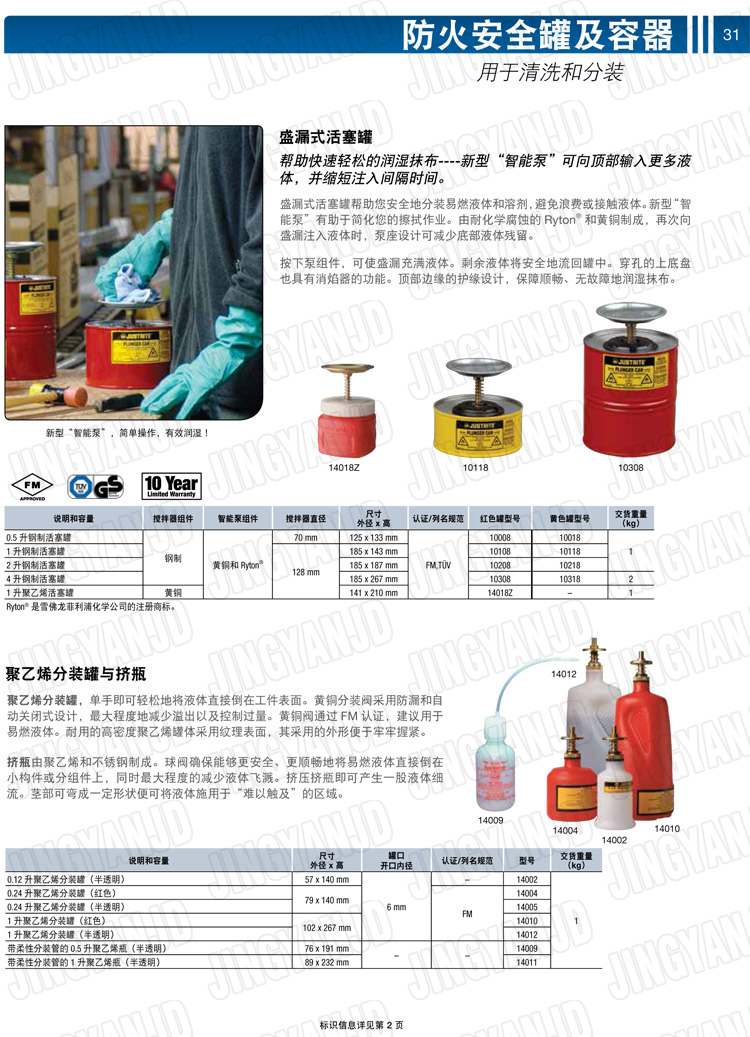 美國杰斯瑞特，JUSTRITE，活塞安全罐，盛漏式活塞罐，化學(xué)品分裝罐，